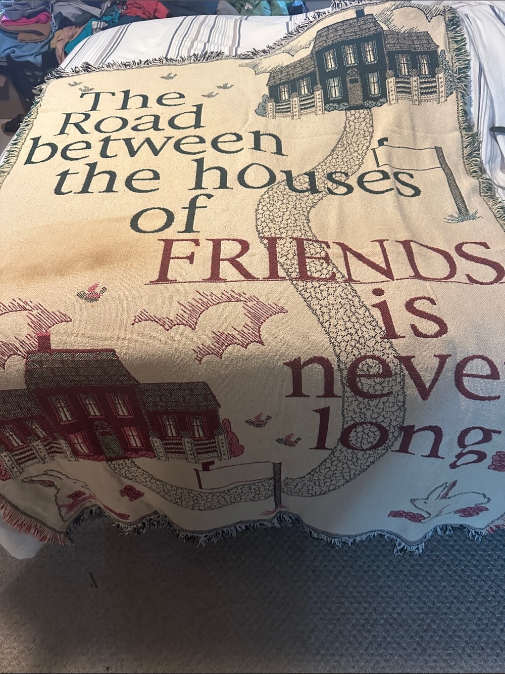 Vintage Friendship Quote Woven Throw Blanket in Cream and Burgundy